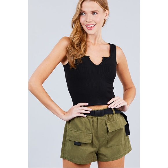 Olive Belted Side Pocket Cargo Cotton Short Pants - Picture 2 of 6